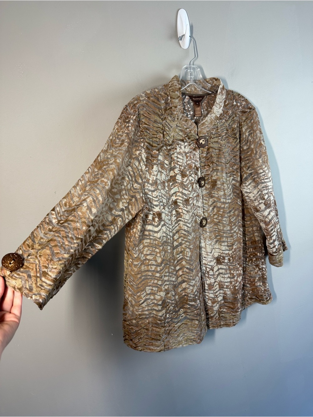 Multiples Neutral Brown Abstract Print Long Sleeve Button Jacket Sheer Size XL